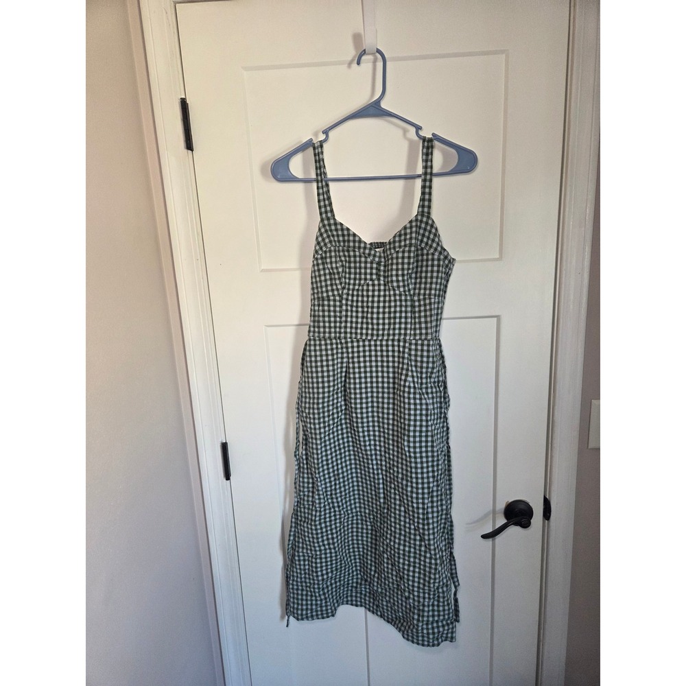 Green Gingham Midi Dress Smocked Back Pockets Small Cottagecore